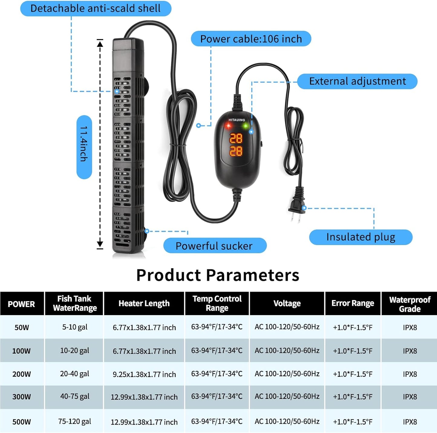 Aquarium Heater, 50W/100W/200W/300W/500W Submersible Fish Tank Heater with Over-Temperature Protection and Automatic Power-Off When Leaving Water for Saltwater and Freshwater