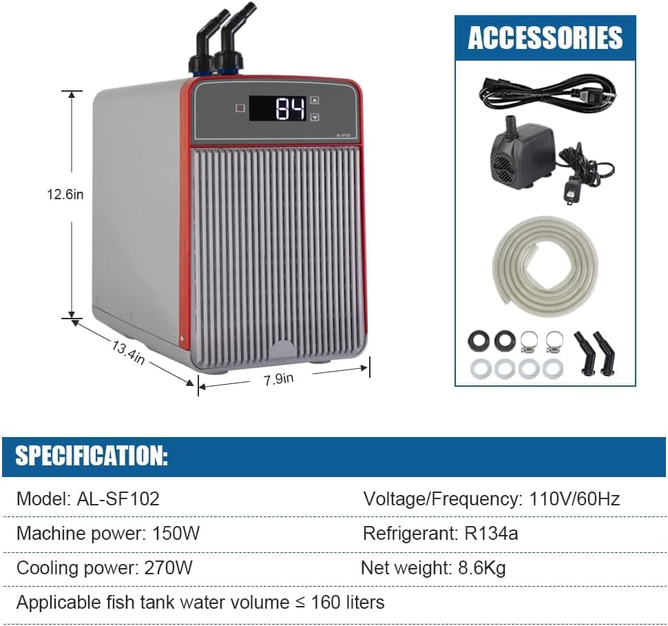 Aquarium Chiller, 42Gal 1/10 HP Water Chiller for Hydroponics Axolotl Coral Reef Tank,Fast Cooling,45Db Silent Compressor with Connecting Hose and Water Pump(160L)