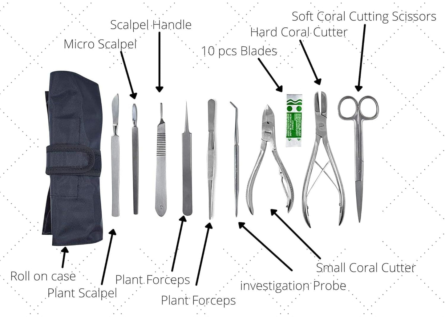 10FK Ultimate Coral Fragging and Coral Propagation Kit for Reef Hobbyists - 19 Pcs, Rollup Case, Stainless Steel Instruments