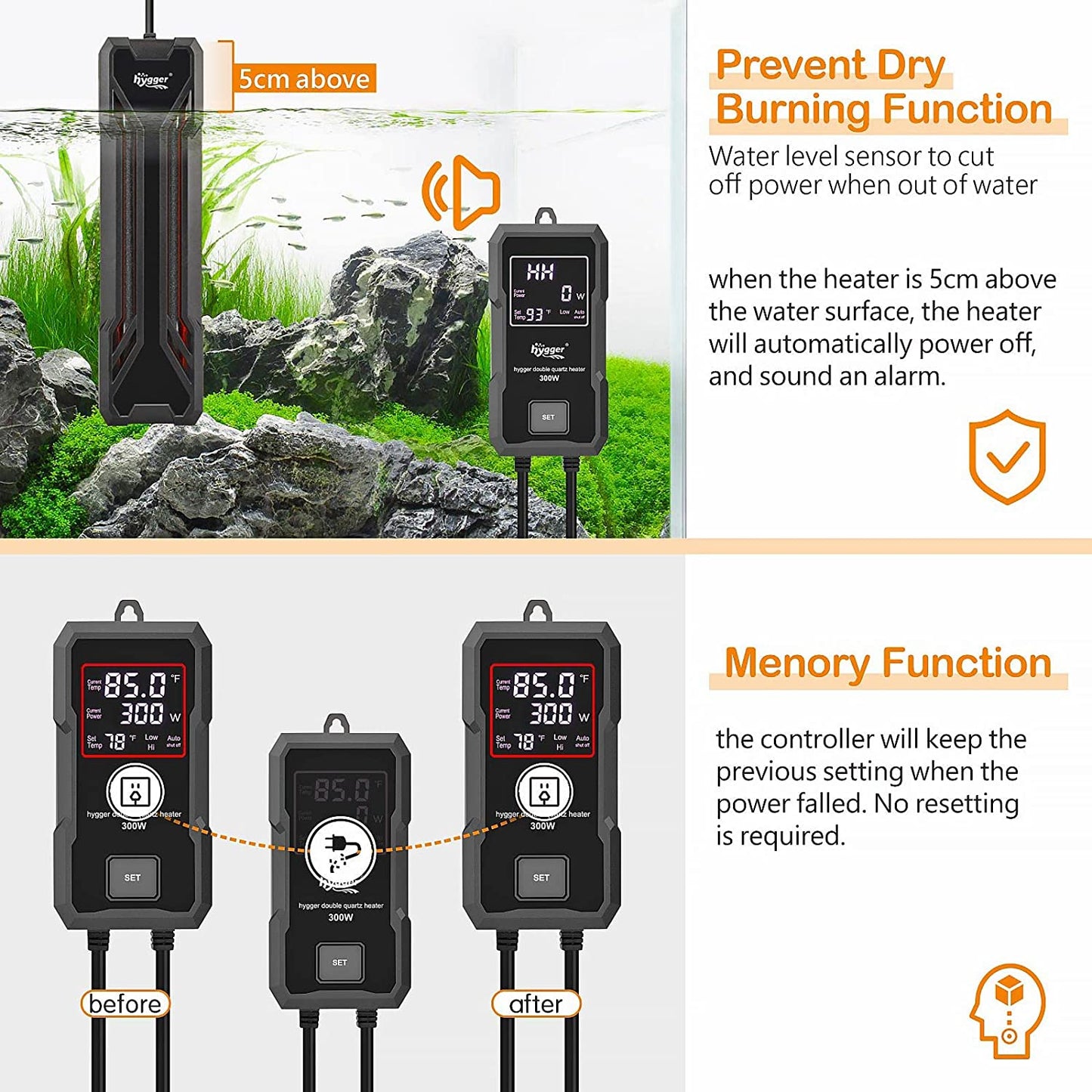 Aquarium Heater 300W/500W/800W/1000W, Submersible Fish Tank Heater with Digital LED Controller and Intelligent Leaving Water Automatically Stop Heating System, for Freshwater and Saltwater