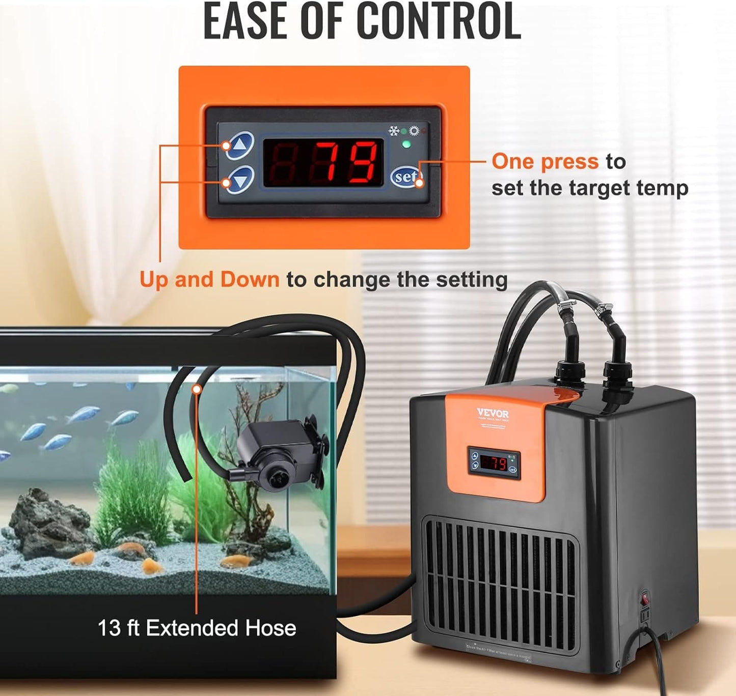 Aquarium Chiller, 52 Gal 196 L, 1/10 HP Hydroponic Water Chiller, Quiet Refrigeration Compressor for Seawater and Fresh Water, Fish Tank Cooling System with Pump/Hose, for Jellyfish, Coral Reef