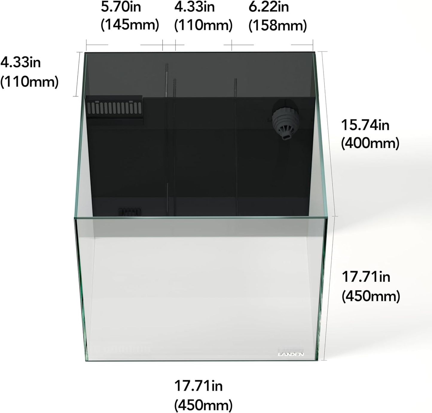 45P 20 Gallon Ultra Clear All Glass Rimless Low Iron Aquarium Tank with Rear Filtration Chamber(Return Pump Included)For Salt and Fresh Water.17.7''Wx17.7''Dx15.8''H In(45X45X40Cm)6Mm Thickness