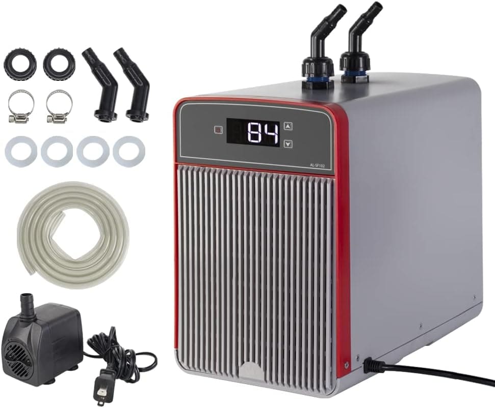 Aquarium Chiller, 42Gal 1/10 HP Water Chiller for Hydroponics Axolotl Coral Reef Tank,Fast Cooling,45Db Silent Compressor with Connecting Hose and Water Pump(160L)