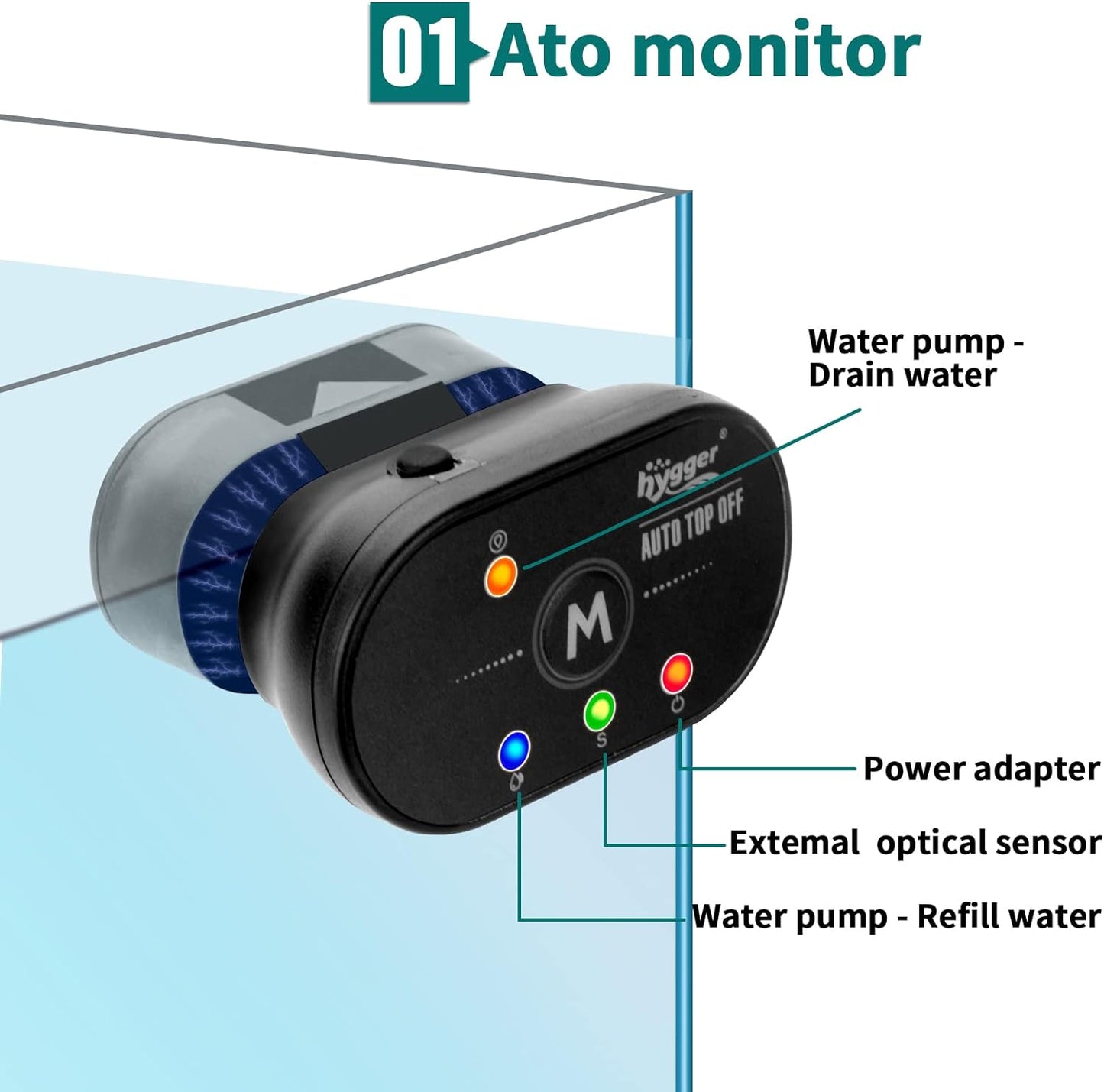 Aquarium Alarm Auto Top off Kit, Fish Tank Smart ATO Water Pump Auto Refill Water and One-Key Drain Water, Water Level Monitor Two Pairs of Protection Sensors for Saltwater Freshwater Tank