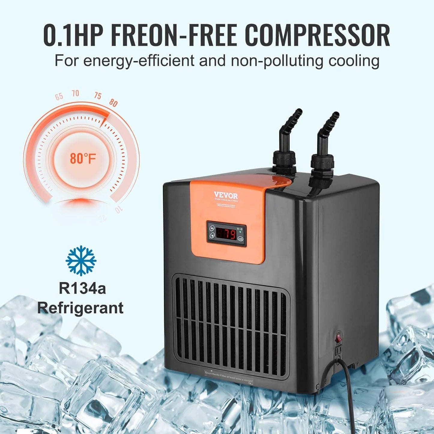 Aquarium Chiller, 52 Gal 196 L, 1/10 HP Hydroponic Water Chiller, Quiet Refrigeration Compressor for Seawater and Fresh Water, Fish Tank Cooling System with Pump/Hose, for Jellyfish, Coral Reef