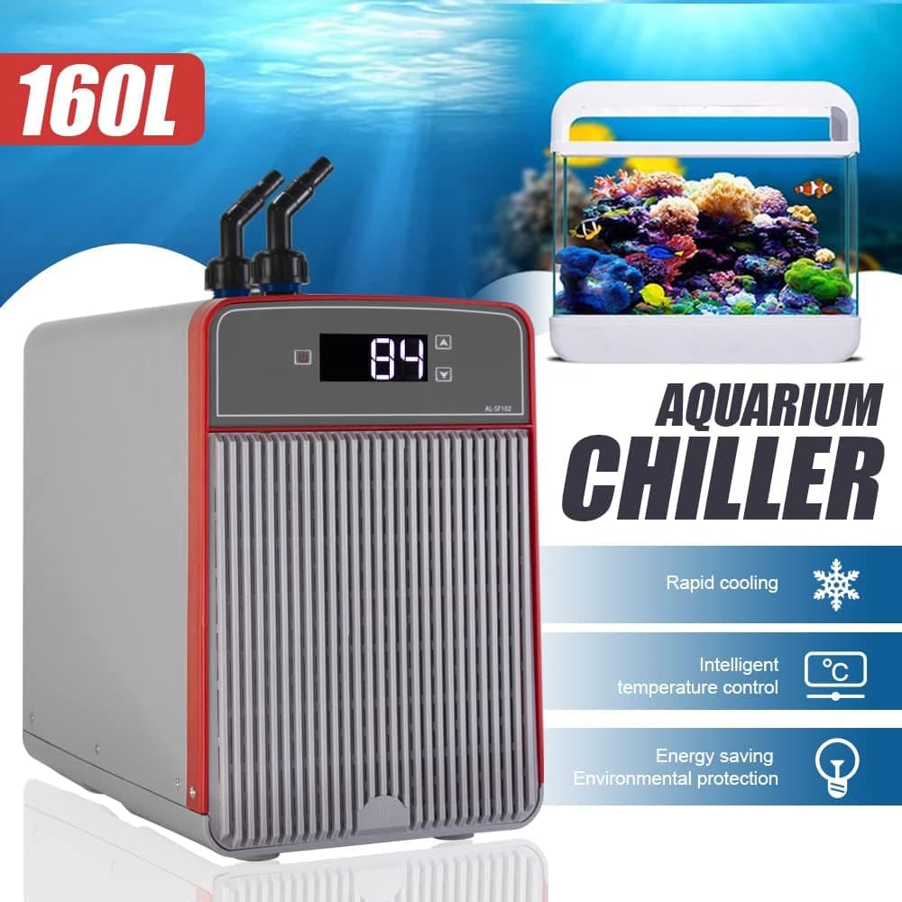 Aquarium Chiller, 42Gal 1/10 HP Water Chiller for Hydroponics Axolotl Coral Reef Tank,Fast Cooling,45Db Silent Compressor with Connecting Hose and Water Pump(160L)