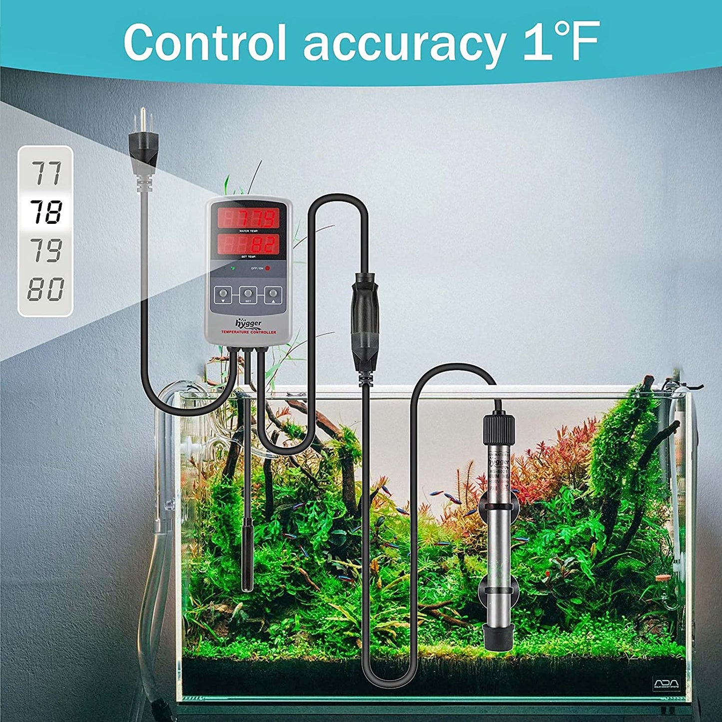 Pinpoint Saltwater Aquarium Heater with Digital Thermostat IC Temp Controller, Titanium Tube Submersible Fish Tank Heater for Coral Reef 100 Watt