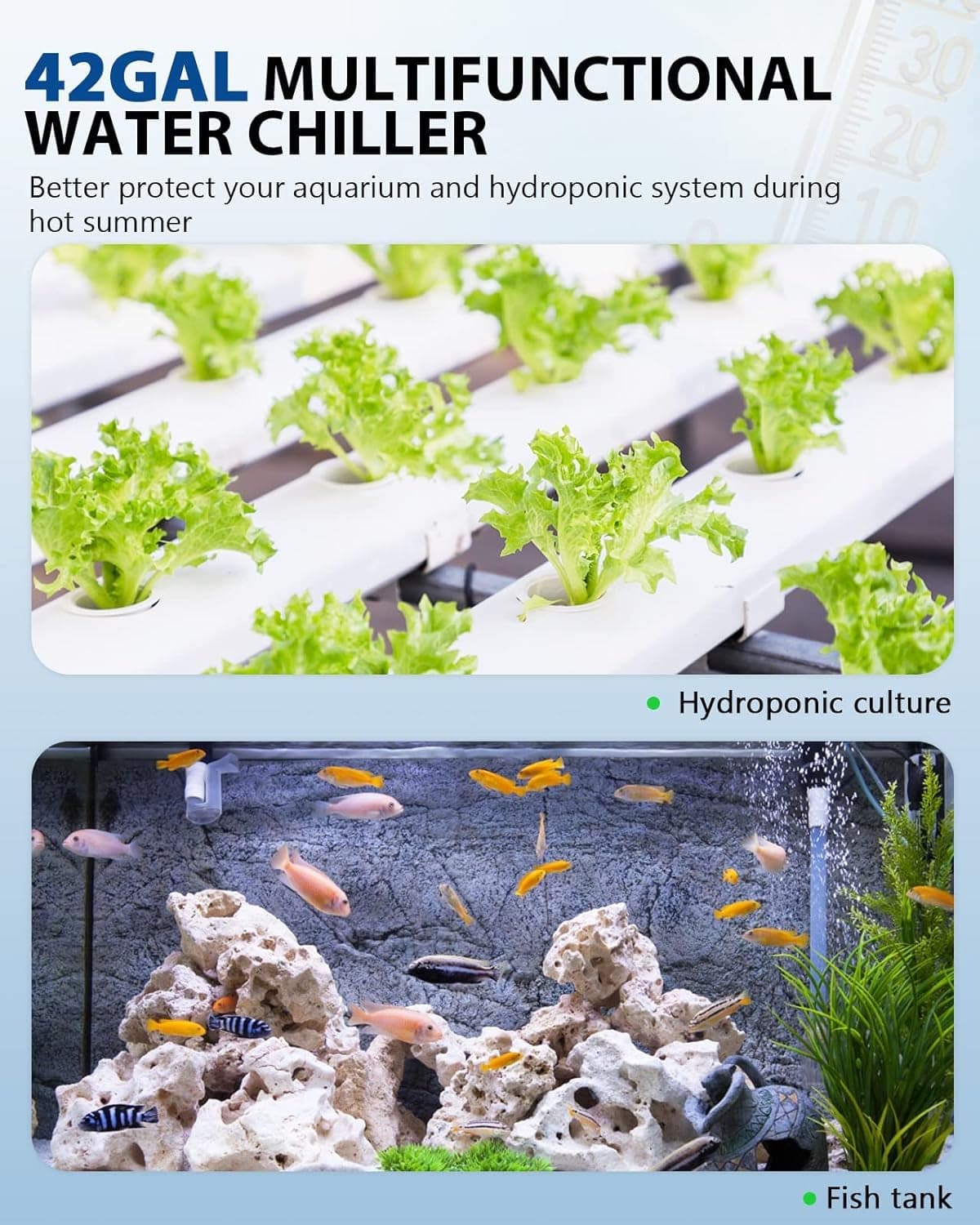 Aquarium Chiller 42Gal 1/10 HP Water Cooler Fish Tank Chiller Special Quiet Design Refrigeration Compressor for Hydroponics Water Weeds Jellyfish Coral Crystal Shrimp (42Gal/160L)