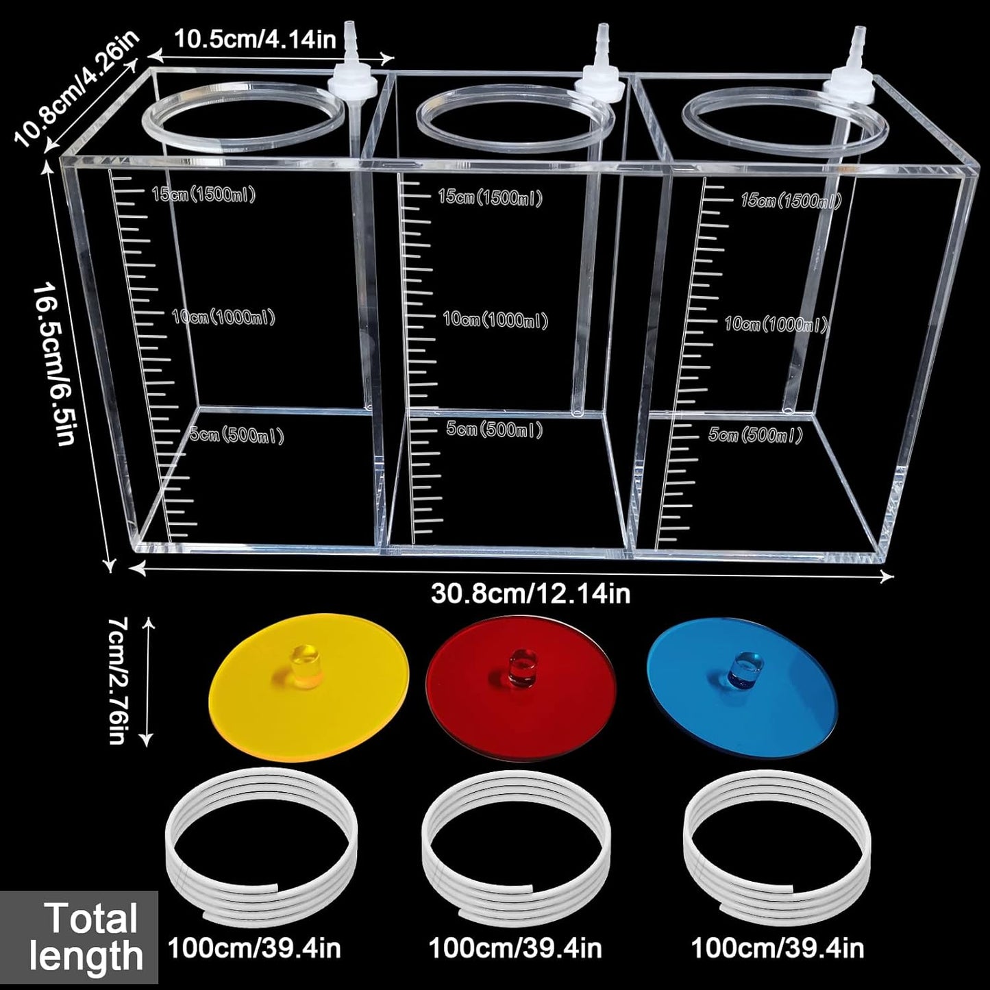 Liquid Srorage Bucket Made of Acryli,Reservoir Dosing Container,Aquarium Air Pump Accessories,Dosing Pump Liquid Containers of Three-Grid(Total Capacity 4.5L/1.19Gal Yellow Red Blue Lid)