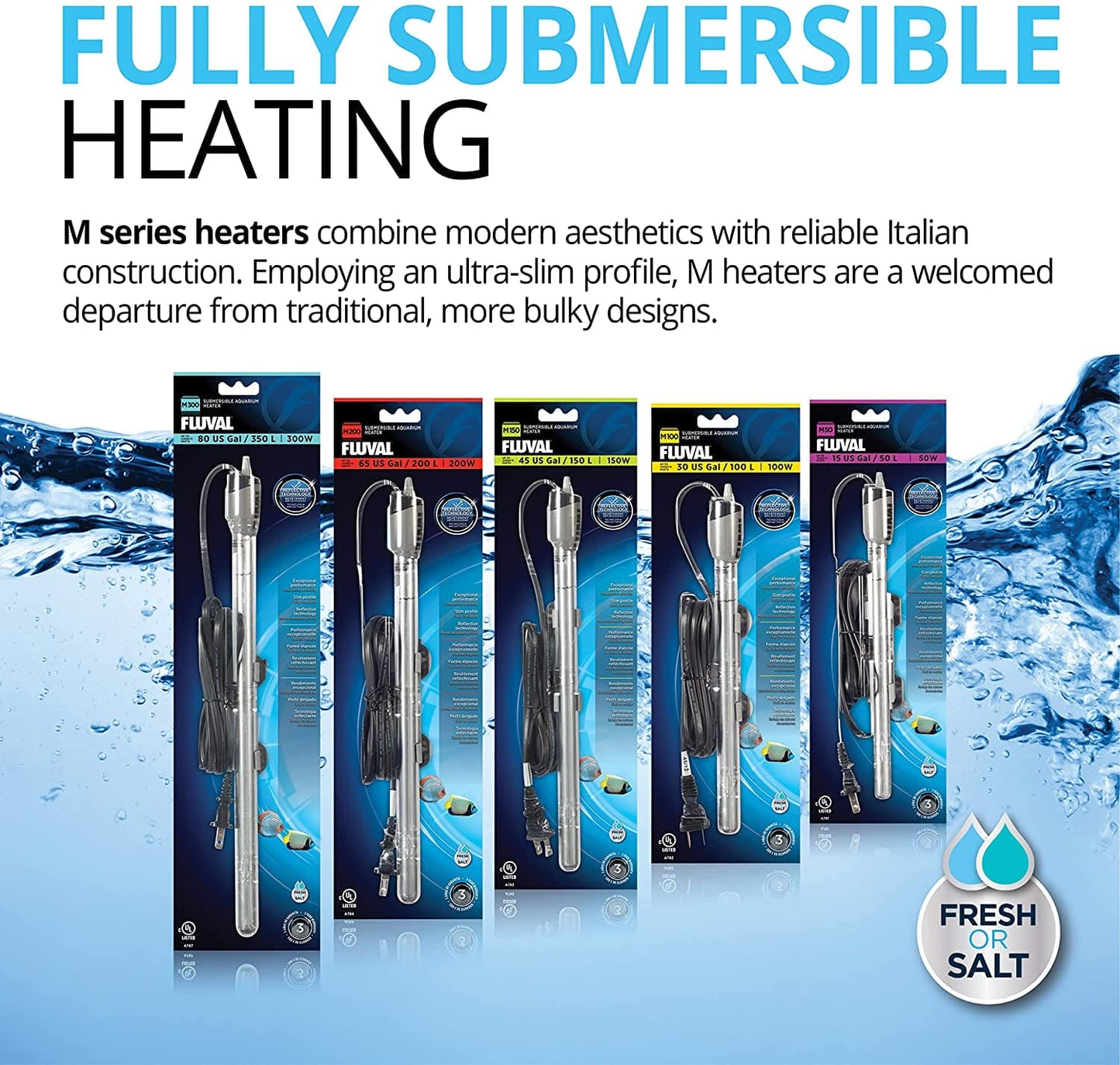M50 Ultra-Slim Submersible Aquarium Heater – 50W Underwater Heater for Aquariums up to 15 Gal.