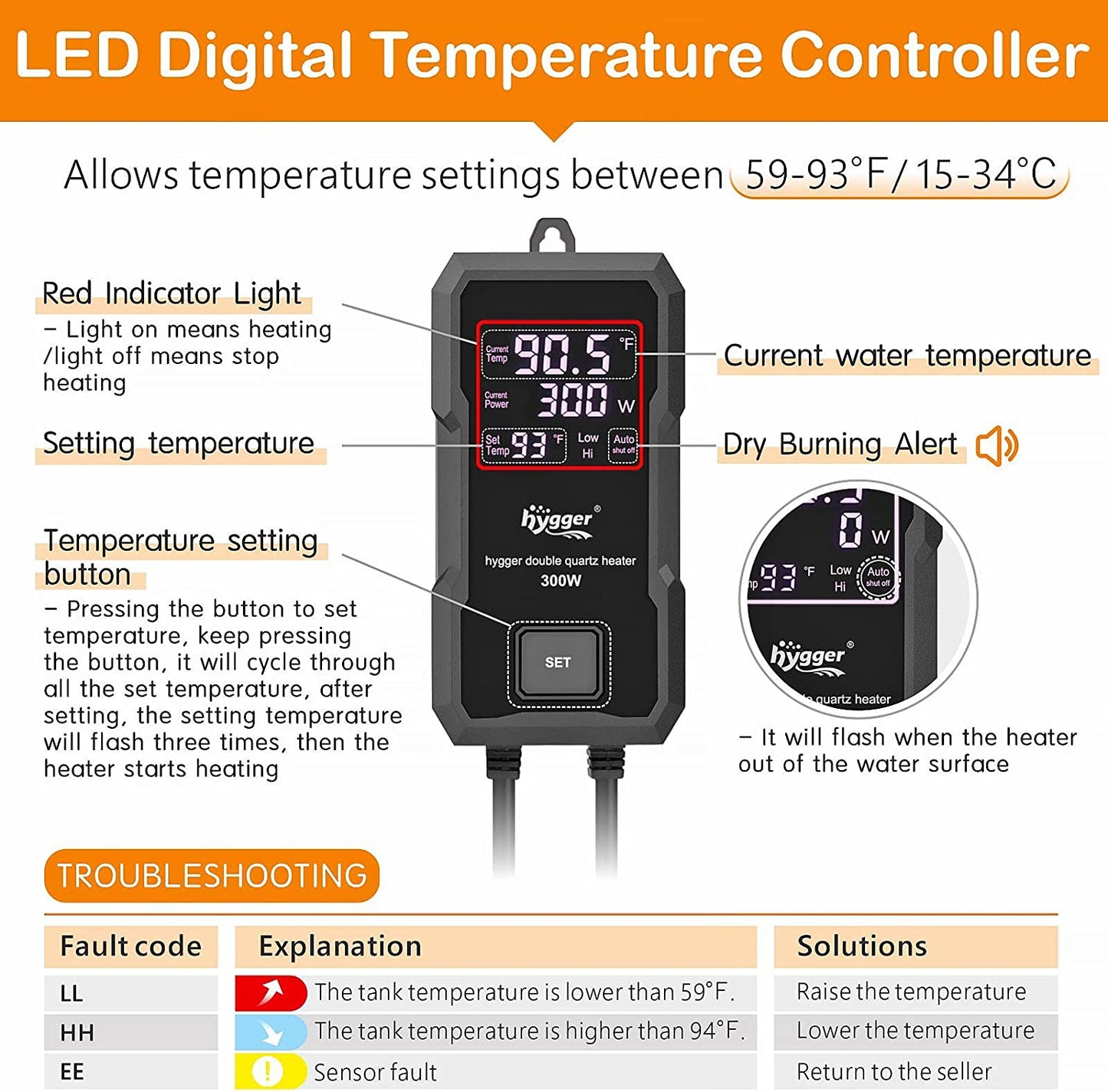Aquarium Heater 300W/500W/800W/1000W, Submersible Fish Tank Heater with Digital LED Controller and Intelligent Leaving Water Automatically Stop Heating System, for Freshwater and Saltwater