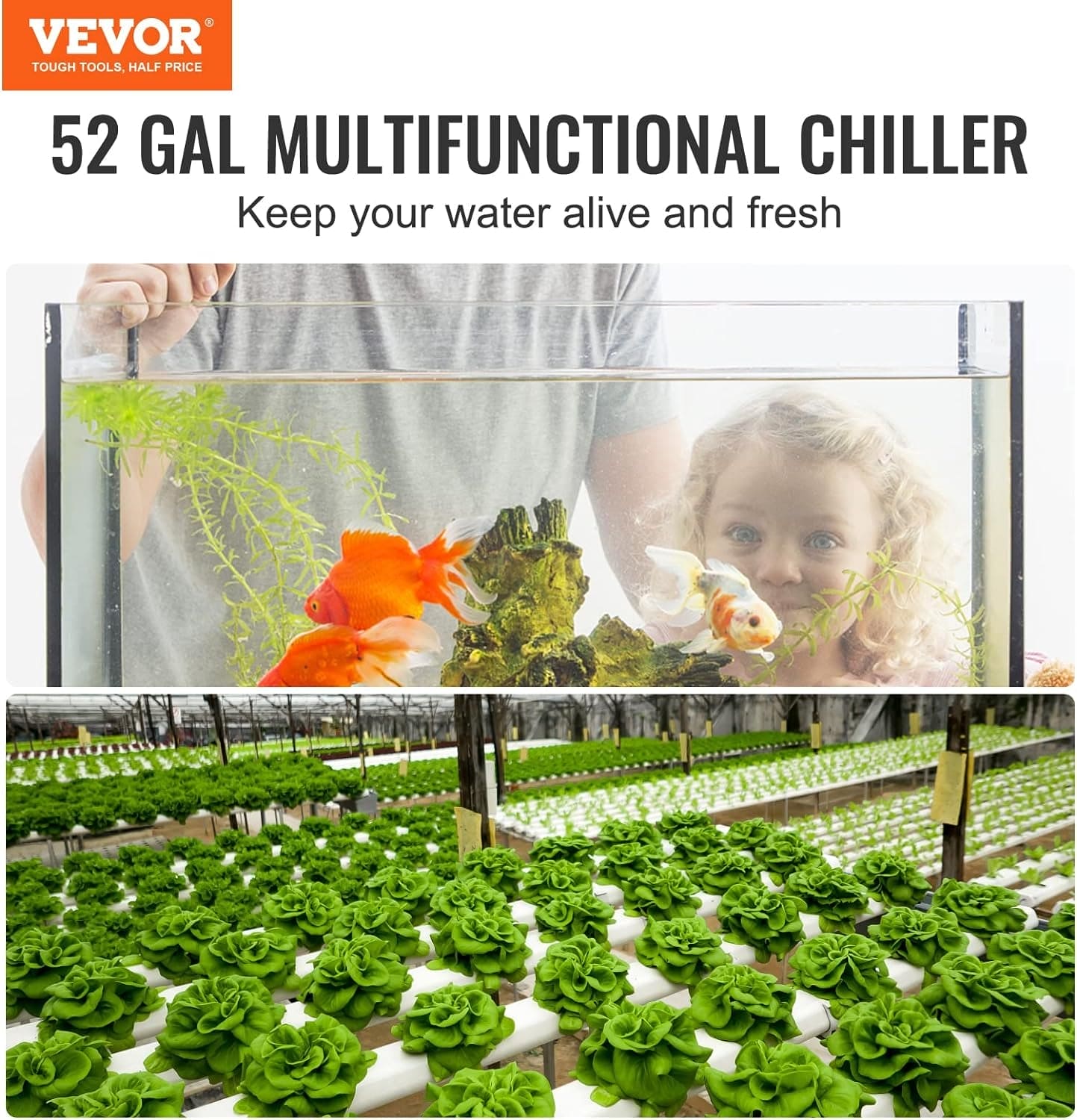 Aquarium Chiller, 52 Gal 196 L, 1/10 HP Hydroponic Water Chiller, Quiet Refrigeration Compressor for Seawater and Fresh Water, Fish Tank Cooling System with Pump/Hose, for Jellyfish, Coral Reef