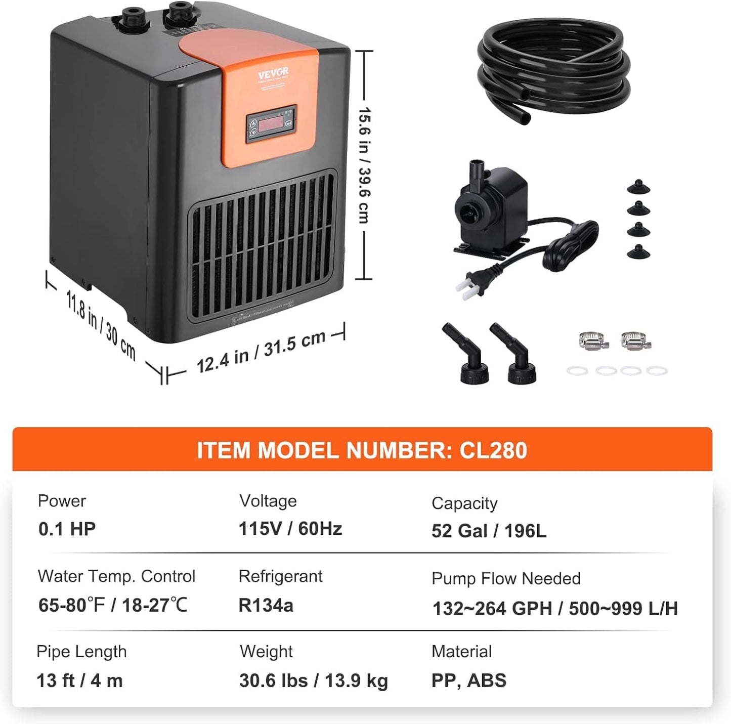 Aquarium Chiller, 52 Gal 196 L, 1/10 HP Hydroponic Water Chiller, Quiet Refrigeration Compressor for Seawater and Fresh Water, Fish Tank Cooling System with Pump/Hose, for Jellyfish, Coral Reef