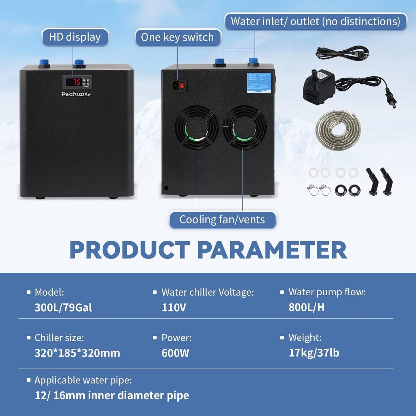 Aquarium Chiller 79Gal 1/3 HP Water Chiller for Hydroponics System Home Use Axolotl Fish Coral Shrimp 110V with Pump and Pipe Black