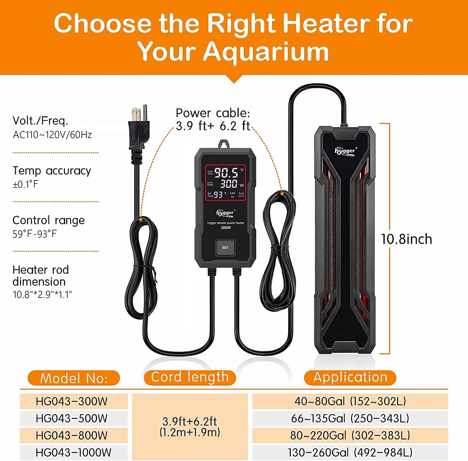 Aquarium Heater 300W/500W/800W/1000W, Submersible Fish Tank Heater with Digital LED Controller and Intelligent Leaving Water Automatically Stop Heating System, for Freshwater and Saltwater