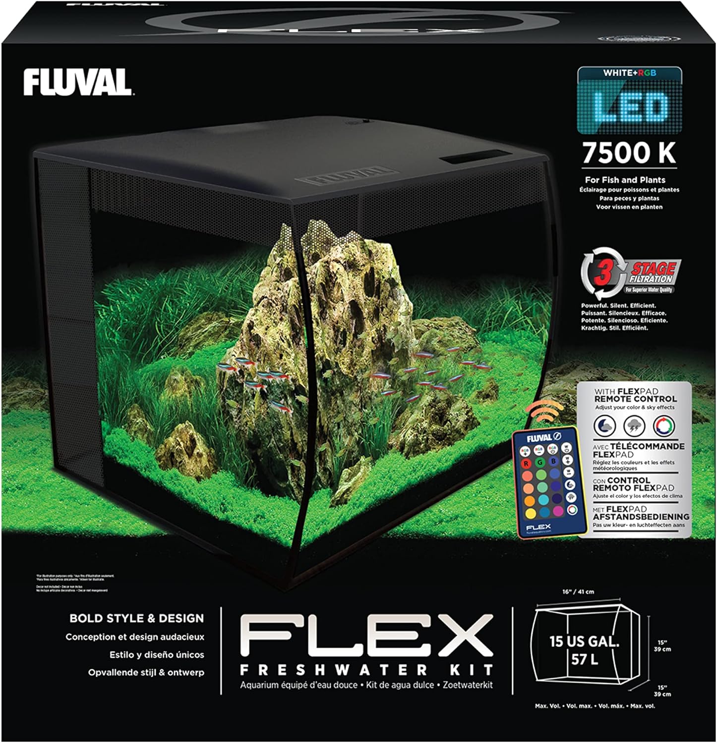 Flex 15 Aquarium Kit - Fish Tank for Fish & Plants - Comes with LED Lights, Filtration System & More - 16" X 15" X 15" - 57 L, 15 Gal. - Black