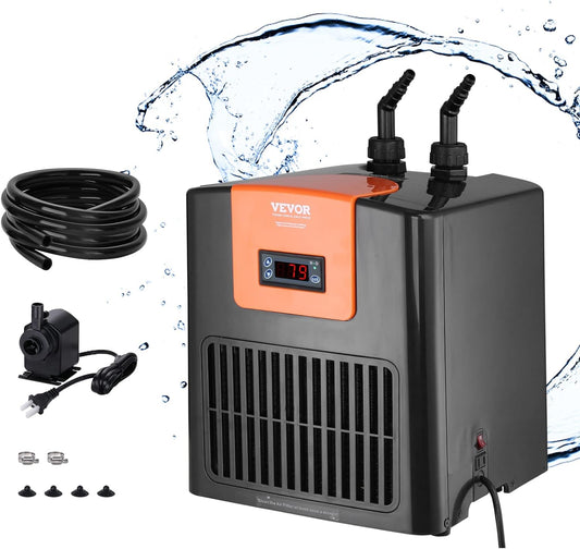 Aquarium Chiller, 52 Gal 196 L, 1/10 HP Hydroponic Water Chiller, Quiet Refrigeration Compressor for Seawater and Fresh Water, Fish Tank Cooling System with Pump/Hose, for Jellyfish, Coral Reef