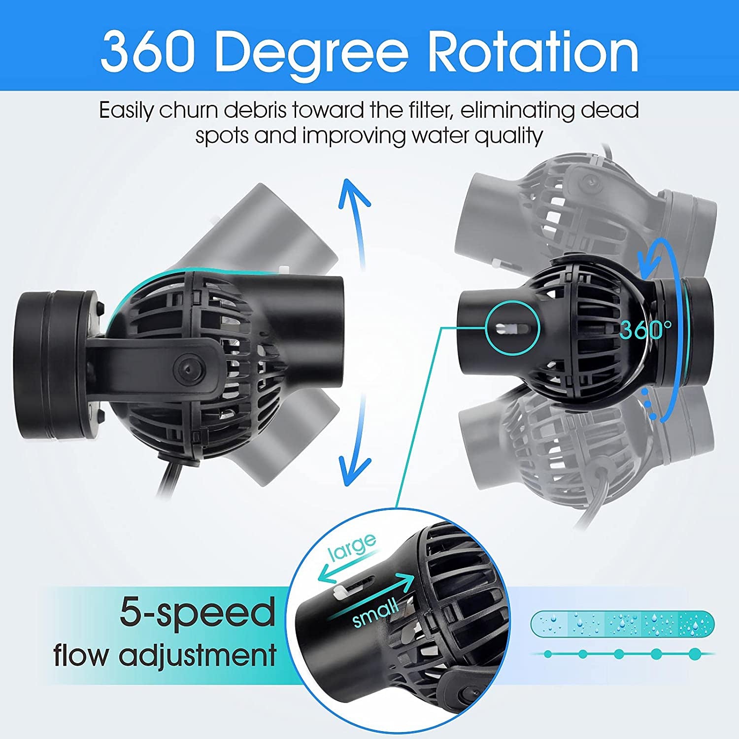 Aquarium Wave Maker Circulation Pump, 1320 GPH Ultra-Silence Fish Tank Powerhead with Strong Magnet Suction Base for Freshwater or Saltwater Fish Tank, 360° Rotating Submersible Water Pump