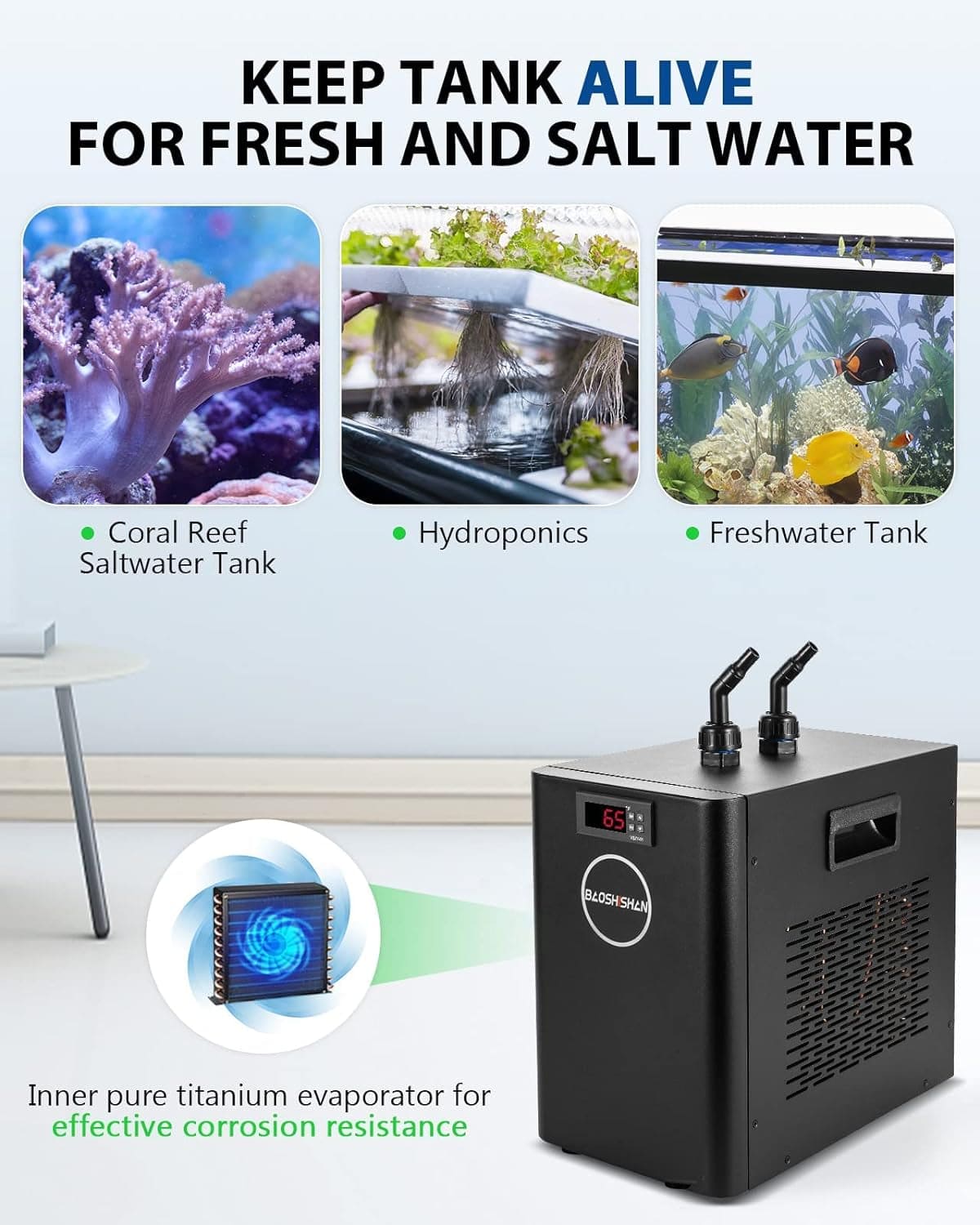Aquarium Chiller 42Gal 1/10 HP Water Cooler Fish Tank Chiller Special Quiet Design Refrigeration Compressor for Hydroponics Water Weeds Jellyfish Coral Crystal Shrimp (42Gal/160L)